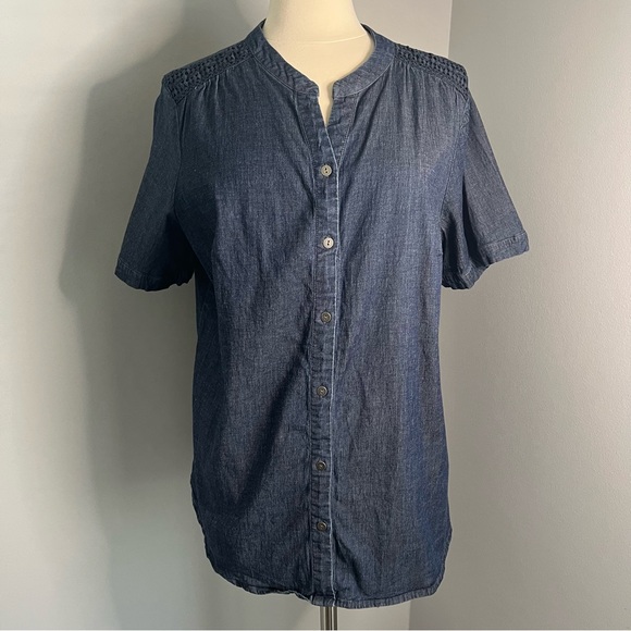 Denim & Co. 1X Blue Denim Button Down Short Sleeve Embroidered Shoulders Top - Picture 3 of 12